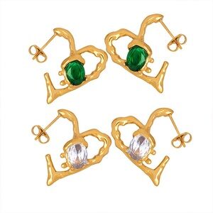 TWO PAIR FOR $55💎18K Gold Plated Melting Heart Hoop Earrings*CZ White Green*ML